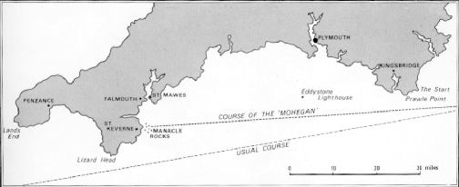 Image, The chart showing the course the Mohegan should have taken and the incorrect course that led to disaster.